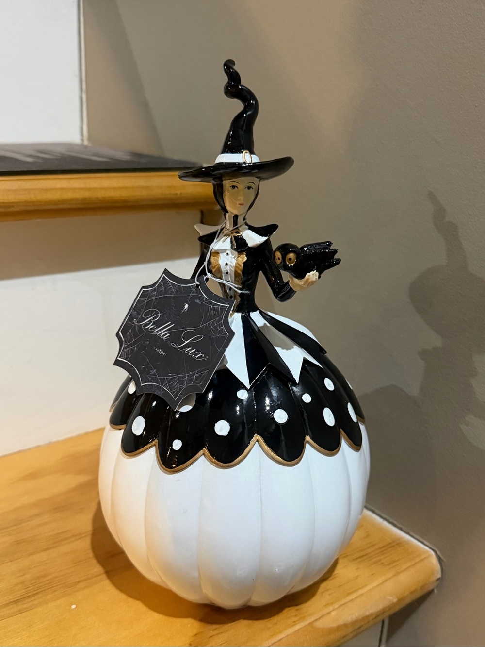 New Black & White Polka Dot Pumpkin Witch Figurine Halloween Decor Bella Luxx
